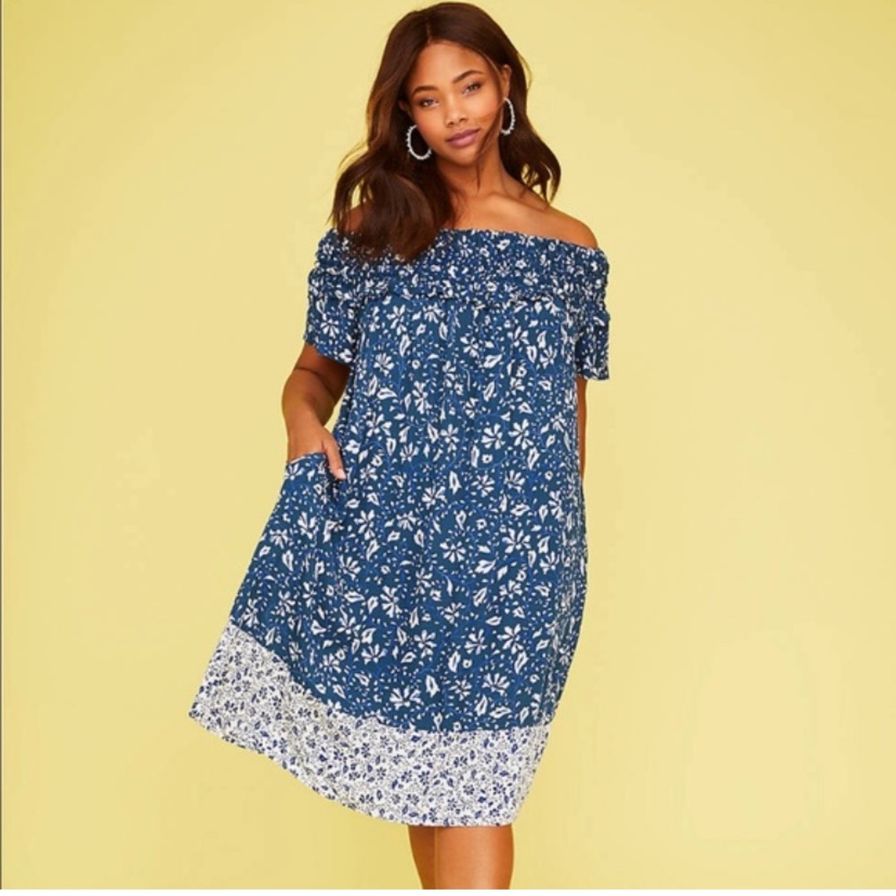 Lane Bryant 14/16 Blue & White Floral Smocked Dress
